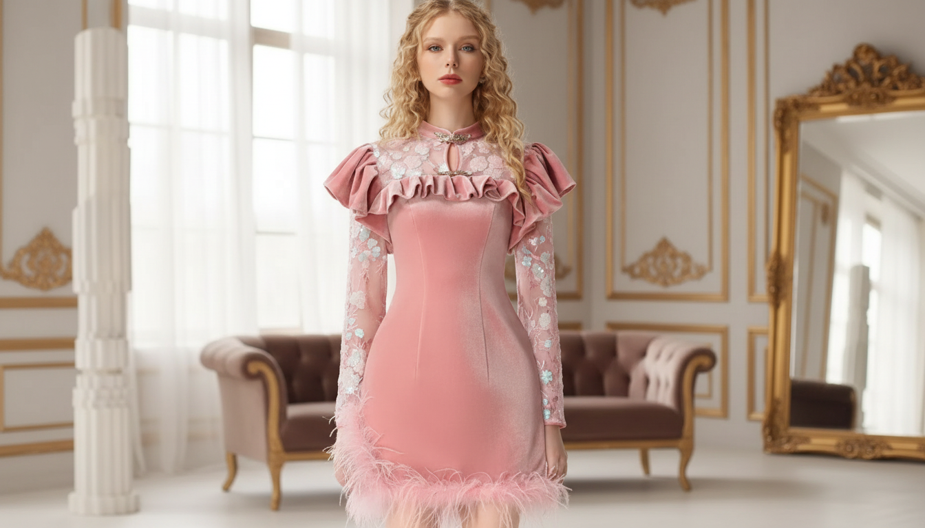 Velvet Cheongsam with Beading & Feathers: Court Elegance