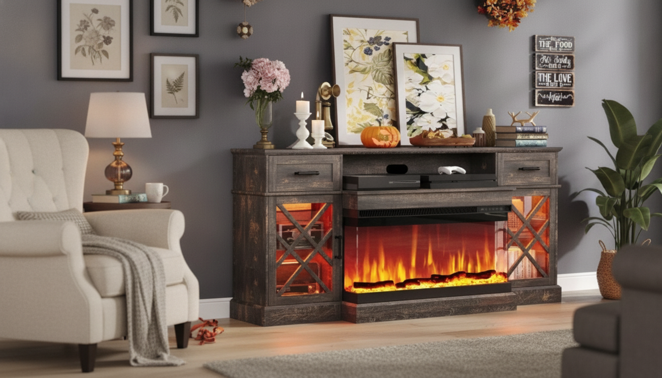 Rustic Farmhouse LED Fireplace TV Stand for 80-Inch TVs