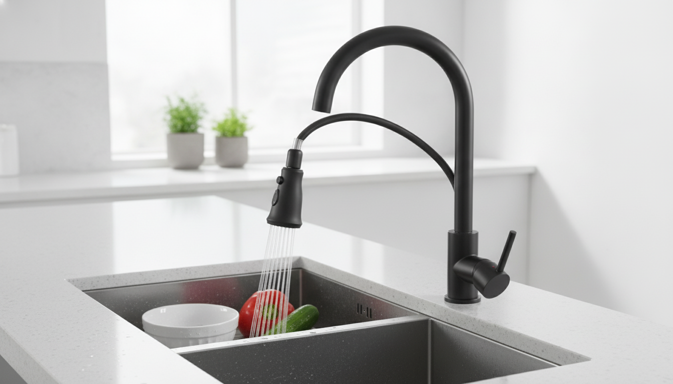 Two-Tone Pull-Out Kitchen Faucet: Nickel, Swivel, Single