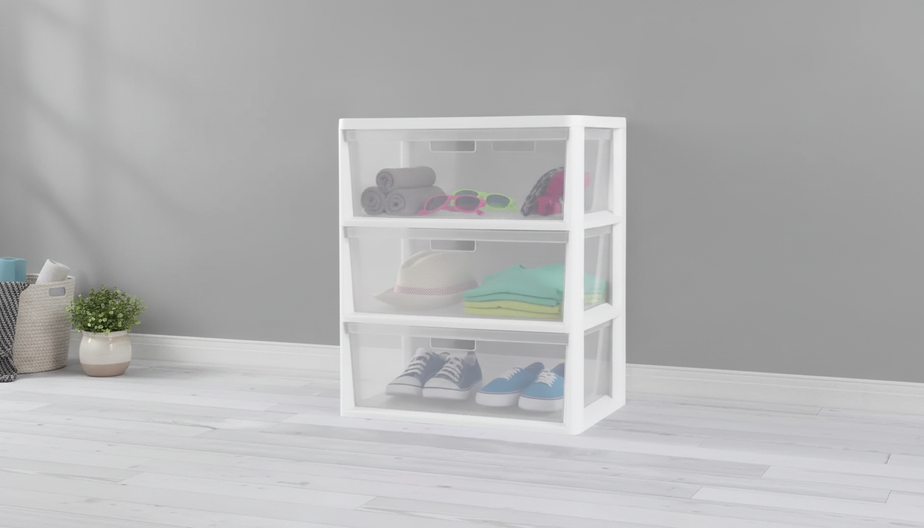 Wide 3-Drawer Storage Tower with Portable Bins Guide